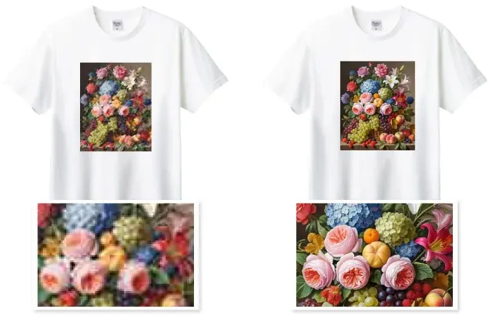 同じ写真をフルカラー転写（DTF）プリントしたTシャツ2枚の比較。左は低解像度の画像を使ったためピクセルが粗く見え、右は高解像度の画像で細部まで鮮明にプリントされている