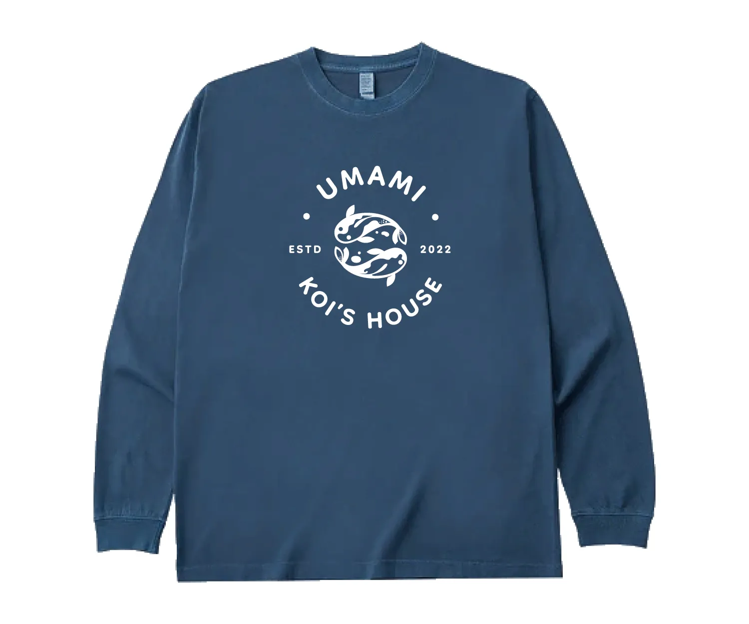 ヴィンテージネイビーの長袖Tシャツに前面1カ所店舗ロゴをホワイトでプリントしたデザイン例